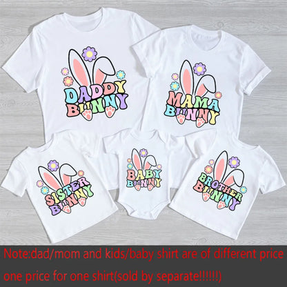 Easter Family Matching Outfits – Dad, Mom, Sis, Bro & Baby Bunny Printed Shirts and Baby Bodysuit