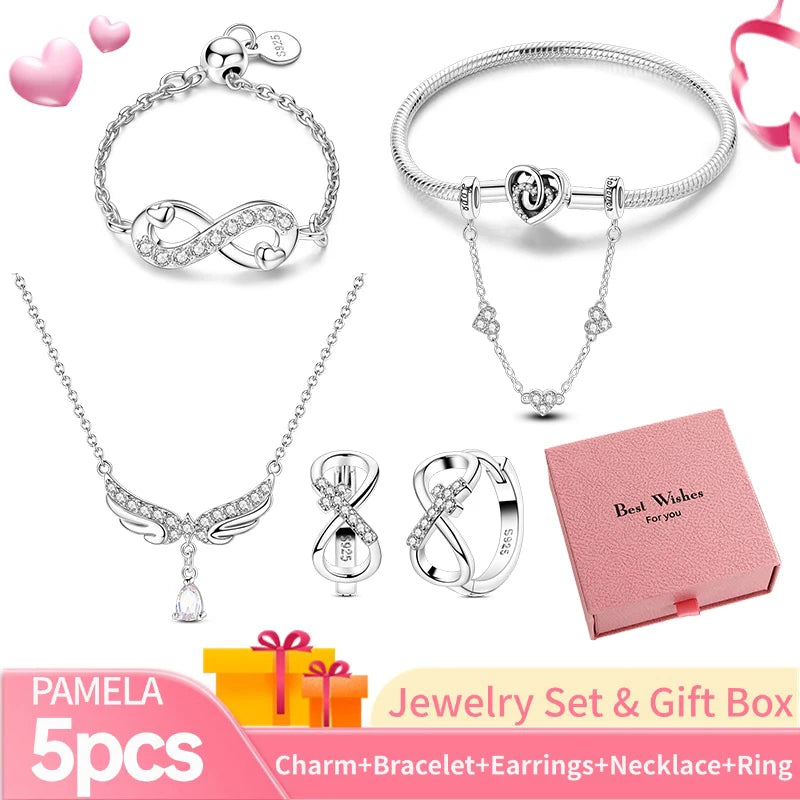 Pink Heart Bracelet Set 925 Silver Original Flower Ring Butterfly Earrings & Gift Box For Women Wedding Jewelry Best Wish 5pcs
