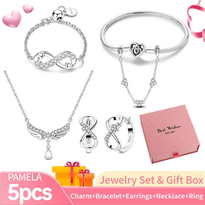 Pink Heart Bracelet Set 925 Silver Original Flower Ring Butterfly Earrings & Gift Box For Women Wedding Jewelry Best Wish 5pcs