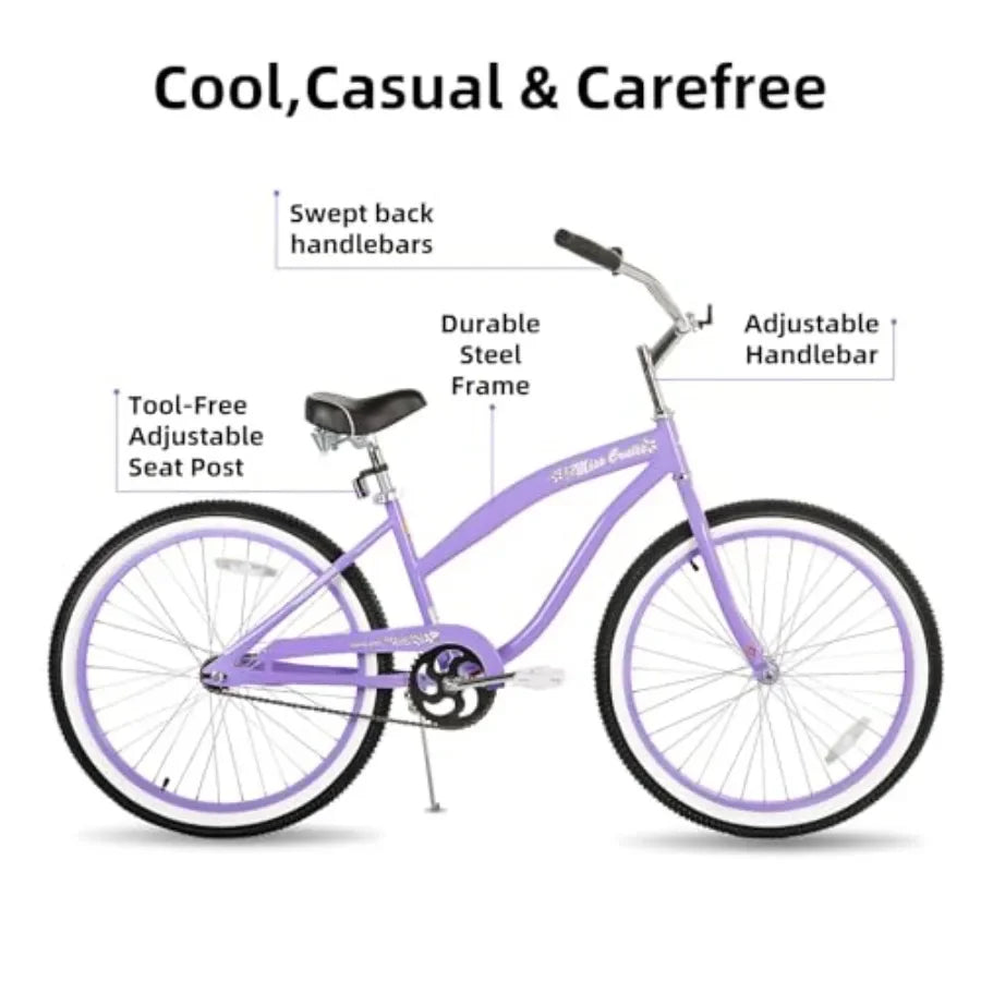 Beach Cruiser Bike for Girls Boys Men Women, 20 24 26 single speed kids cruiser with coaster brake, multiple colors, steel fram