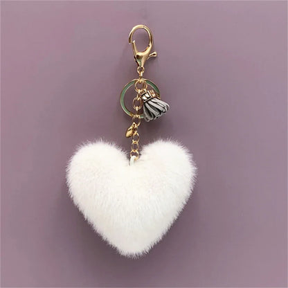 Rainbow Heart Pompom Keychain – Colorful Plush Ball Tassel Bag Charm for Women