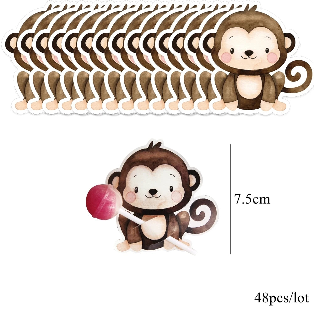 48pcs Wild Animal Lollipop Cards Carton Candy Holder For Kids Wild Forest Happy Birthday Party Candy Gift Accessories Supplies