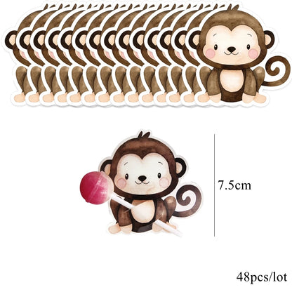 48pcs Wild Animal Lollipop Cards Carton Candy Holder For Kids Wild Forest Happy Birthday Party Candy Gift Accessories Supplies