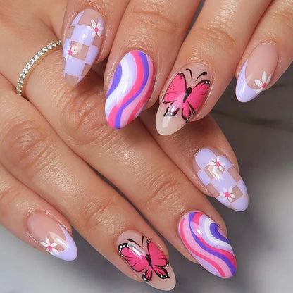 24pcs Full Cover Long False Press On Nails With Designs Light Green Stripe Gradient