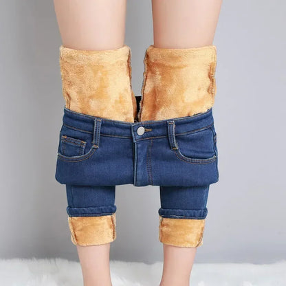 delete Women Thermal Skinny Jeans Mom Winter Warm Plush Stretch Jeans Lady Fleece Snow Denim Pants Student Pencil Straight Leg Trousers