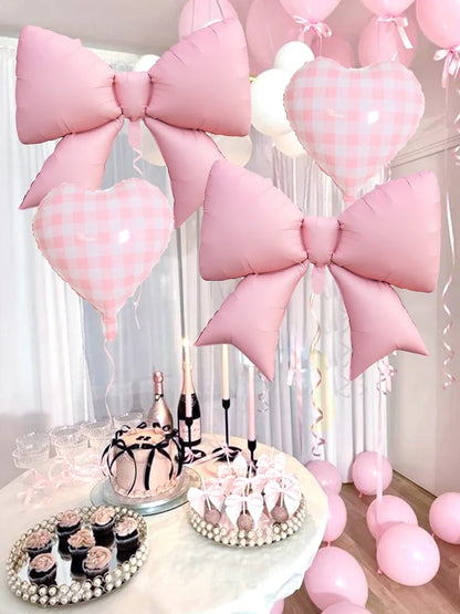 4pcs Pink Bow and Plaid Heart Balloon Set for Birthday , Bridal Gifts, Weddings, Engagements, Anniversaries Decoration