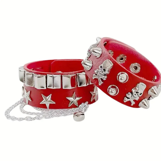 2 Pieces of Fashionable Multi-Layered Leather Wide Bracelets, Personalized Domineering Skull Rivets, Punk Hip-Hop Bracelets and Jewelry
