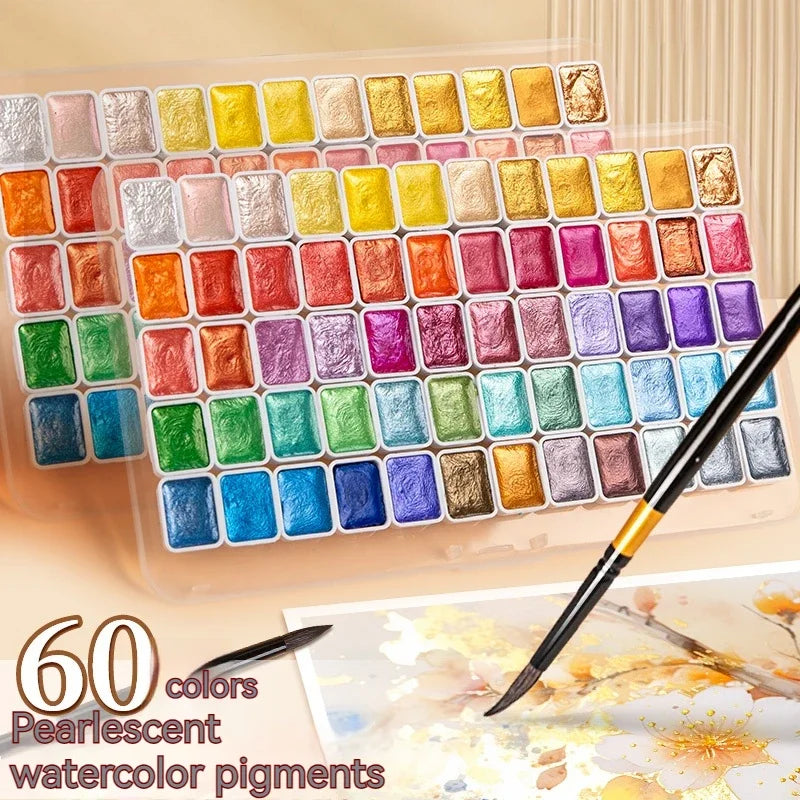 12/20/24/60 Color Solid Watercolor Paint Set -Metallic Glitter Pearlescent Pigments