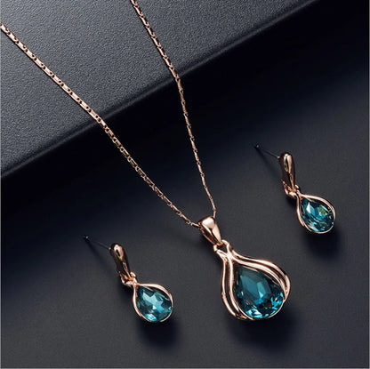 3pcs\ Women Elegant Waterdrop Rhinestone Pendant Necklace Hook Earrings Jewelry Set