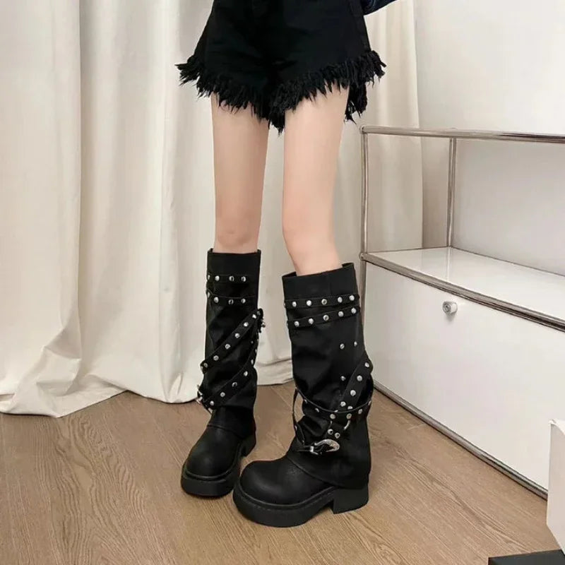 Women's Western Cowgirl Boots, Fashionable Autumn Knee-High Style, Punk-Inspired PU Leather with Studded Details, Long Black Botas Perfect for Women Seeking a Bold Look.