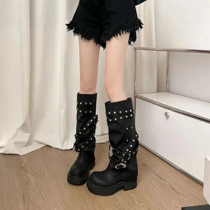 Women's Western Cowgirl Boots, Fashionable Autumn Knee-High Style, Punk-Inspired PU Leather with Studded Details, Long Black Botas Perfect for Women Seeking a Bold Look.