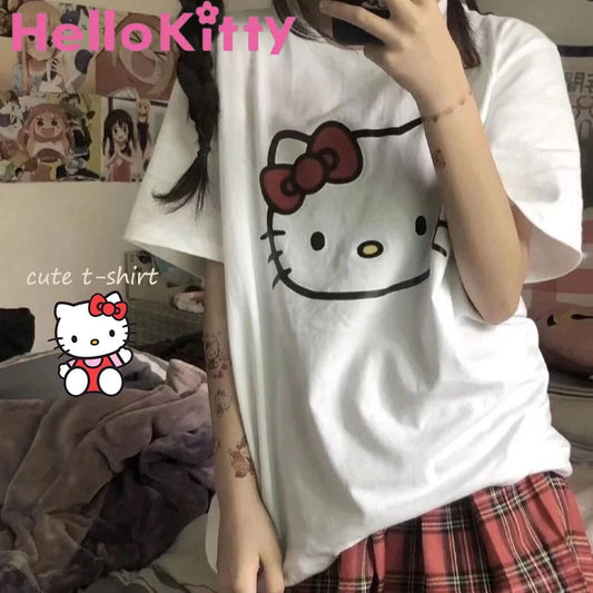 Hello Kitty T-shirt Cotton Short Sleeve Bow Element Oversized Loose Cotton Print Breathable T-shirt Cartoon Anime Girl Heart