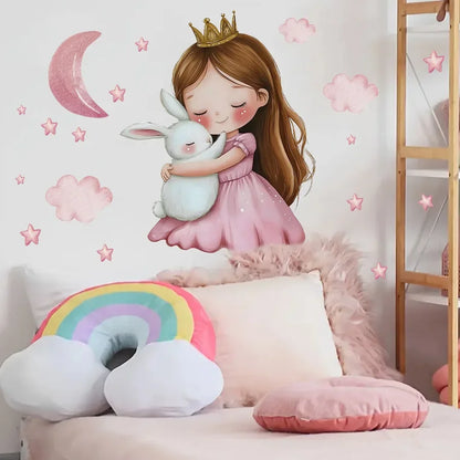 Cute Cartoon Girl Hugging Rabbit Wall Sticker Nursery Kids Room Decor Removable Self-Adhesive Home Art Decal