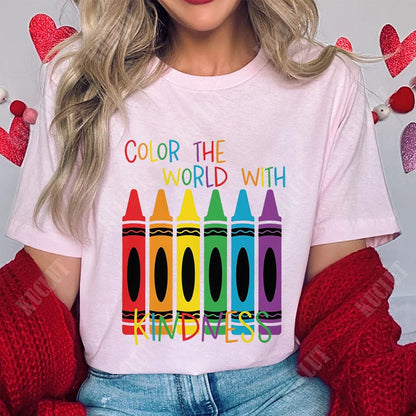 Color The World with Kindness T Shirt for Women Clothing Back To School Tops Teachers' Day Gift Harajuku Short Sleeve Tees