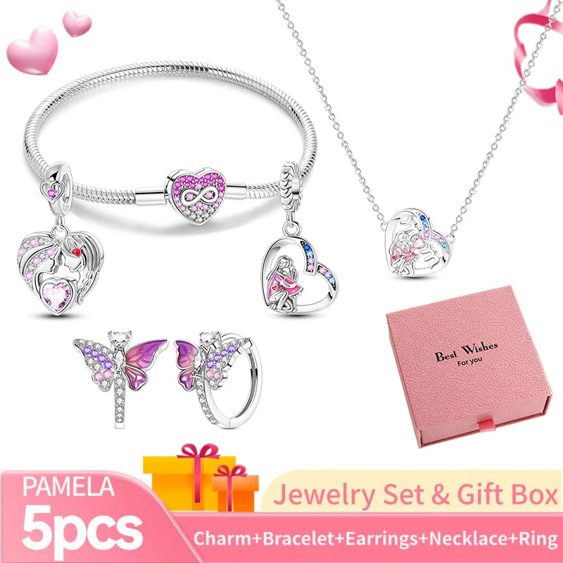 Pink Heart Bracelet Set 925 Silver Original Flower Ring Butterfly Earrings & Gift Box For Women Wedding Jewelry Best Wish 5pcs