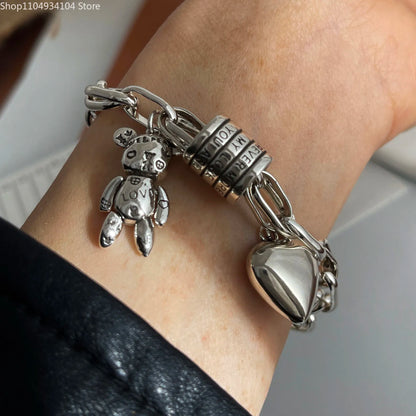 Solid 925 Sterling Silver Retro Bracelet for Women Men Vintage Handmade Heart Bracelet Birthday Gift
