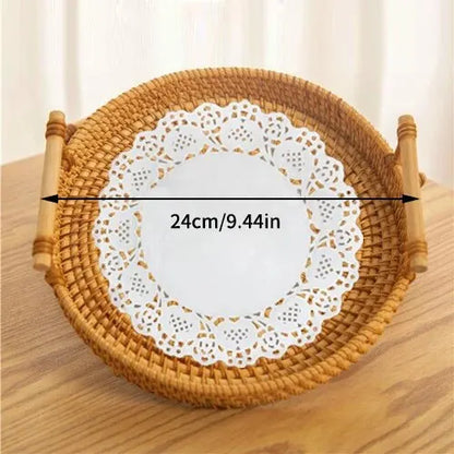 1PC Rattan Bread Storage Woven Snacks Fruit Round Tray Picnic Binaural Tray Living Room Table Finishing