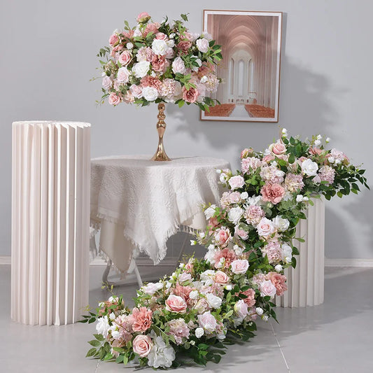 Uflower Pink Rose Greenery Artificial Flowers Table Centerpiece Flower Ball Wedding Flower Row Arrangement Event Backdrop Decor