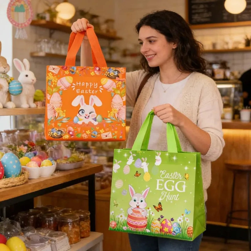 Easter Tote Gift Bags Creative Cartoon Rabbit Egg Basket Pattern Laminating Nonwoven Tote Bags Eco-Friendly Mall Shopping Bags