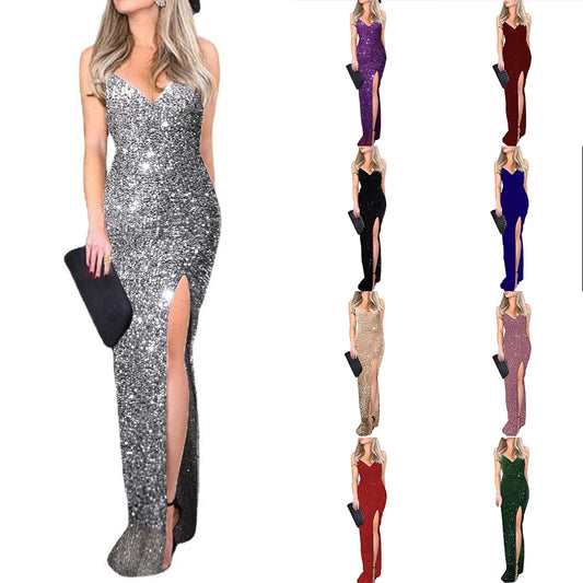 Women Evening Long Dress Shiny Sequin Deep V Neck Sleeveless High Split Sexy