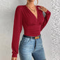 Women's Sexy Deep V Neck Long Sleeve Solid Blouse Slim Elegant