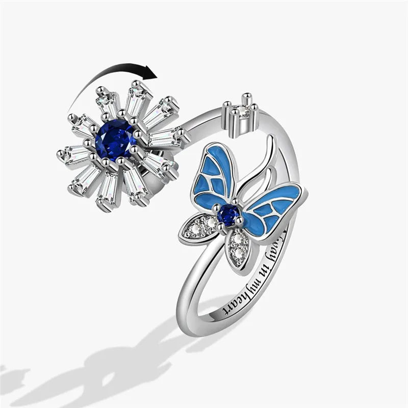 Fashion Beads Anxiety Fidget Spinner Rings Korea Crystal Butterfly Flower Star Moon Ring Anti Stress Jewelry Gift