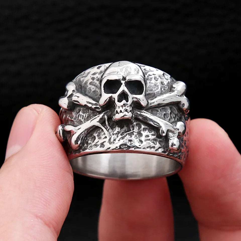 Punk Vintage Stainless Steel Crossbones Pirate Skull Ring For Men Boys Biker Hip Hop High Quality Fashion Jewelry Gift Wholesale