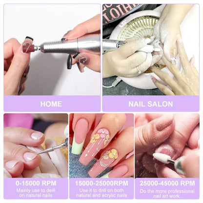 Nail Drill 45000 RPM Rechargeable Nails Electric File for Acrylic Gel Removing & Polishing Gel for Home/Salon Manicure Pedicure
