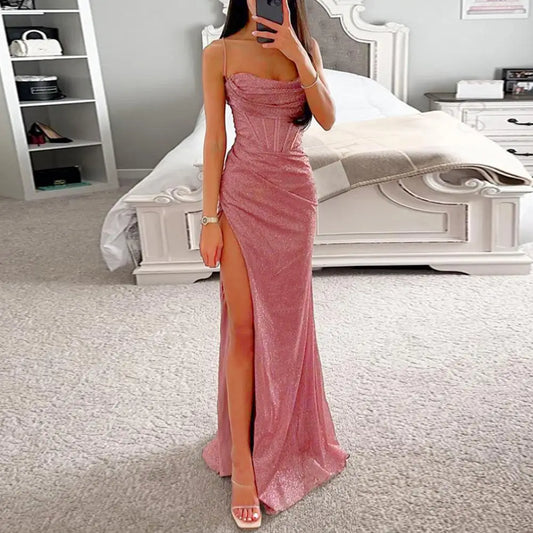 Elegant Shiny Sequin Maxi Dress with Spaghetti Straps and Low-cut Off Shoulder Design.