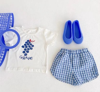 Baby Girl 2‑Piece Fruit Print T‑Shirt & Plaid Shorts Outfit
