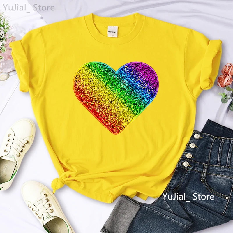 Rainbow Heart Print Lgbt T Shirt Summer Top Female T-Shirt Cute Girl Tumblr Clothes Tee Shirt Femme Streetwerar 90s 00s Tshirt