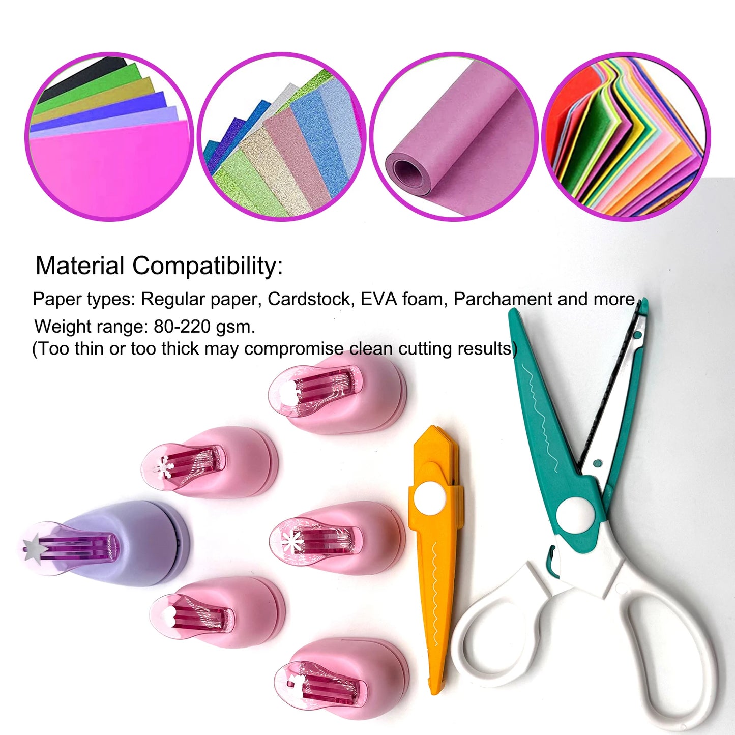 8 Pack Decorative Craft Punch Set, Lever Operated Hole Punches Combined with Craft Scissors, Multipurpose Paper Craft Tools for Confetti, Card Making, DIY Art and Festival Gifts