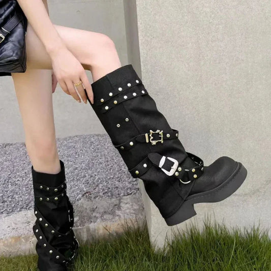 Women's Western Cowgirl Boots, Fashionable Autumn Knee-High Style, Punk-Inspired PU Leather with Studded Details, Long Black Botas Perfect for Women Seeking a Bold Look.