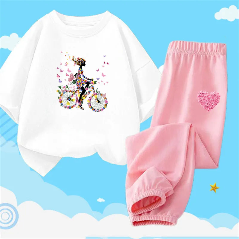 Teens Girls' 2-Piece Fashion Outfit: Princess Short Sleeve T-Shirt and Long Pants Tracksuit Set
