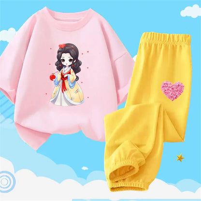 Teens Girls' 2-Piece Fashion Outfit: Princess Short Sleeve T-Shirt and Long Pants Tracksuit Set