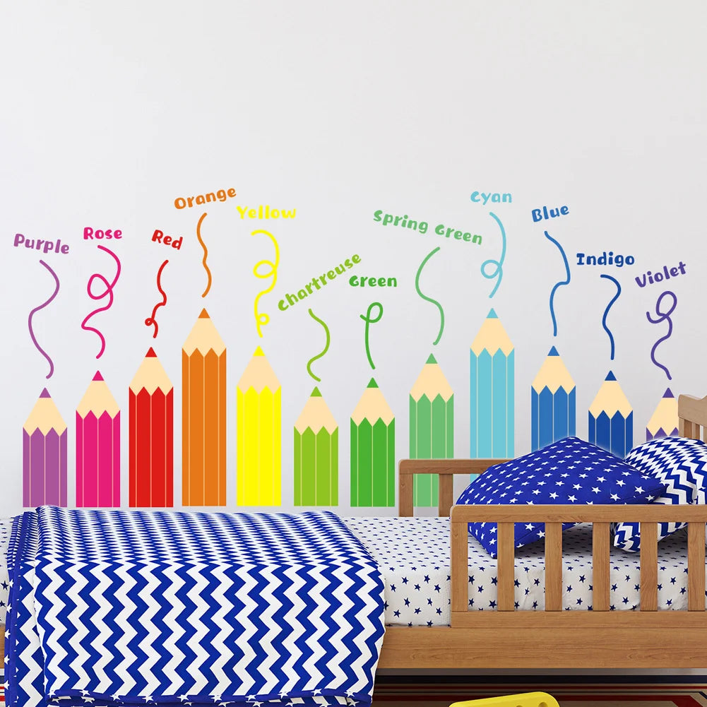 Cartoon Rainbow Crayon Wall Stickers Kids Room Bedroom Background Decoration Wallpaper Home Decor Self Adhesive Nursery Decals
