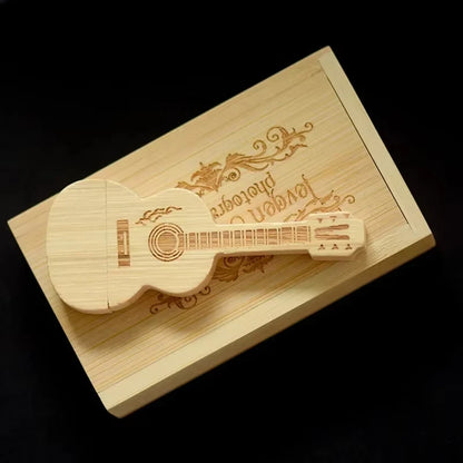 Wooden Guitar USB2.0 Flash Drive 4G 8G 16G 32G 64GB 128G Comes With Key Chain Gifts Pen Drives Box Memory Stick