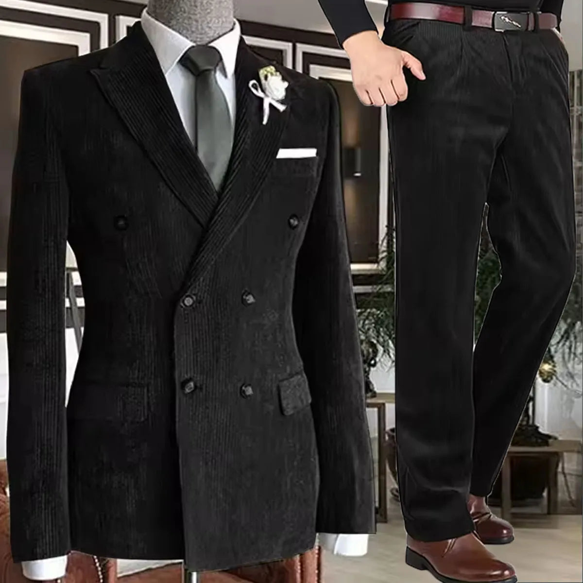 Men’s Slim‑Fit Corduroy Double‑Breasted Suit Set