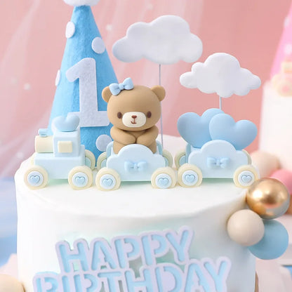 Cute Bear Ornament Cake Topper Pink Blue Cartoon Bear Soft Rubber Doll Boy Girl First Birthday Party Cake Decoration Baby Shower