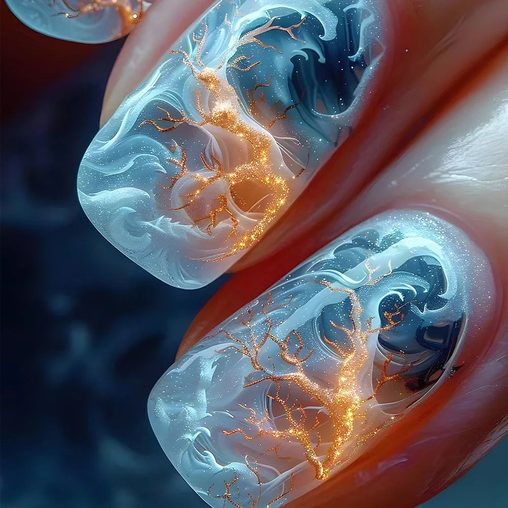 24pcs Gold Stripe Press‑On Nails – Long Square Full Cover Tips