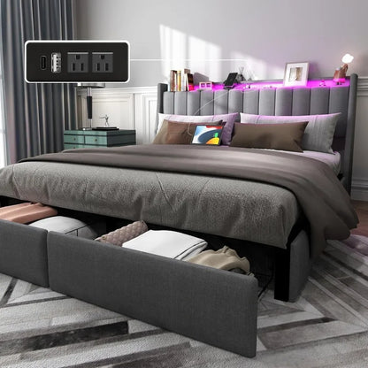 Queen Bed Frame with 2 Storage Drawers,Charging Station,Storage Headboard and LED Lights,Remote Control/Noise-Free/Dark Gray