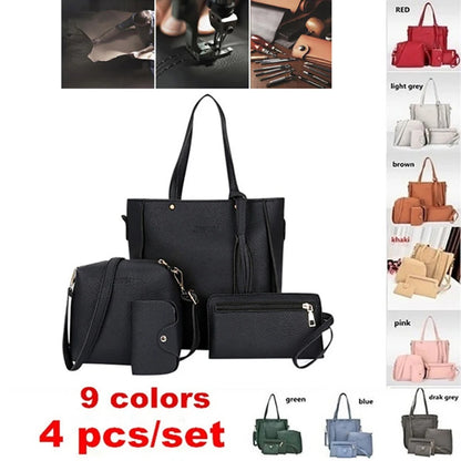 4pcs/set Ladies Leather Bag Set Polyester Shoulder Bag Handbag Messenger Bag Set 9 Colors