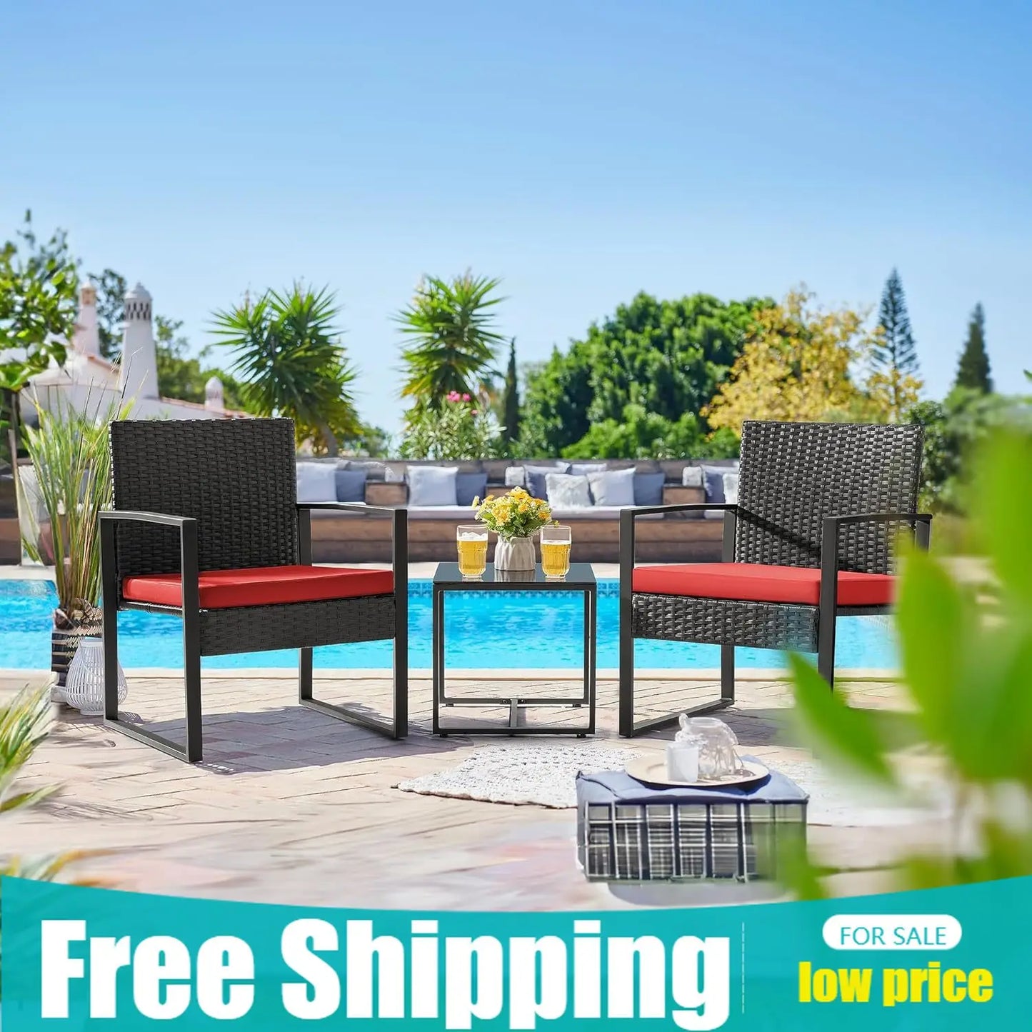 3‑Piece Red Wicker Patio Set – Modern Outdoor Rattan Chairs with Coffee Table