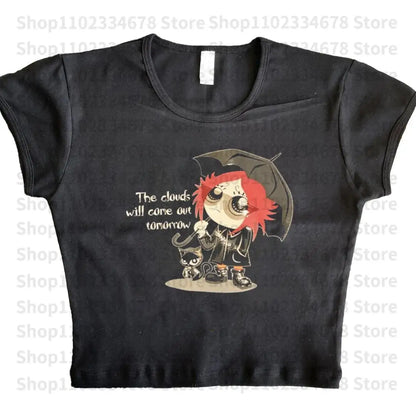 Harajuku Goth Short Sleeve Y2K Style Letter Print Fairy Grunge Summer E-girl White Crop Top Slim 2000s Star Streetwear T-shirts