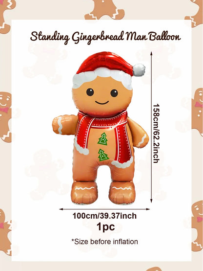 1pc standing smiling gingerbread man aluminum foil balloon, suitable for Christmas party decoration, Christmas New Year balloon
