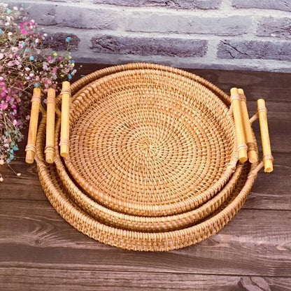 1PC Rattan Bread Storage Woven Snacks Fruit Round Tray Picnic Binaural Tray Living Room Table Finishing