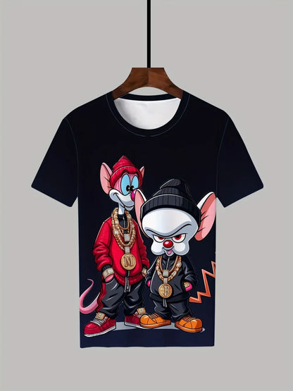 Men's Hip Hop Cartoon Animal Printed Round Neck T-shirt 100% Polyester Fabric
