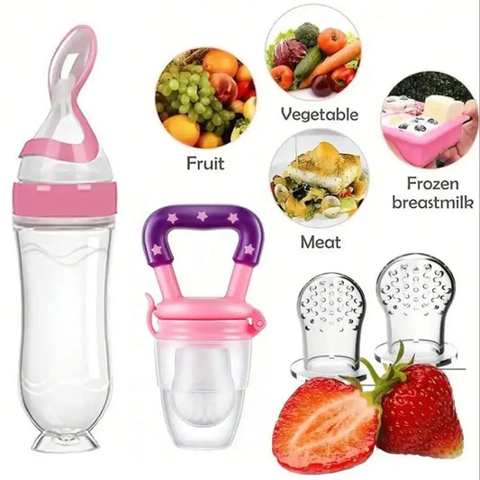 4pcs Baby Feeding Set, Baby Bottle with Suction Base Rice Cereal Bottle, Vegetable & Fruit Feeder, Two Mesh Bags (S L）