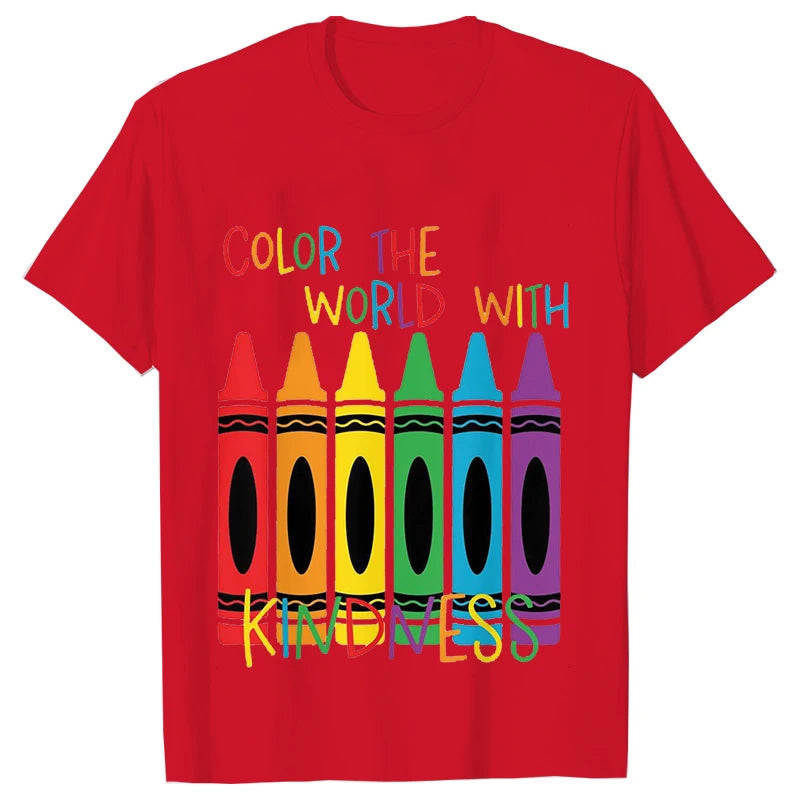 Color The World with Kindness T Shirt for Women Clothing Back To School Tops Teachers' Day Gift Harajuku Short Sleeve Tees