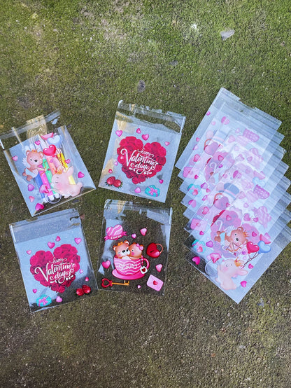 100pcs Red Rose Love Heart Balloon Pattern Gift Bag, Valentine's Day Cute Bear Printed Gift Decoration OPP Bag For Lovers Party